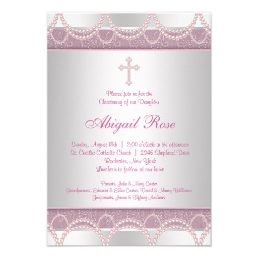 Pink Pearl Cross Baby Girl Baptism Christening Personalized Invites