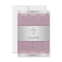 Pink Pearl Cross Baby Girl Baptism Christening RSV Custom Invitations