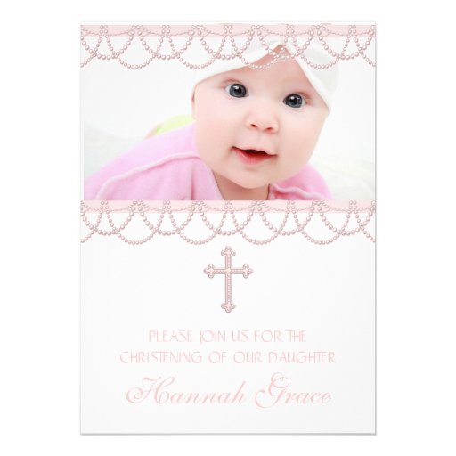Pink Pearl Cross Baby Girl Photo Christening Custom Announcements