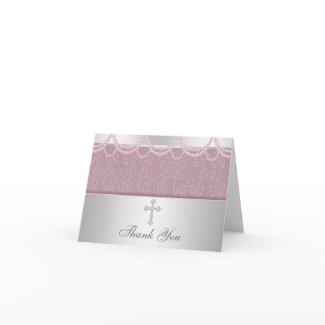 Pink Pearl Cross Girls Cristening Thank You Cards card
