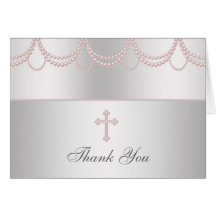 Pink Pearl Cross Girls Cristening Thank You Cards