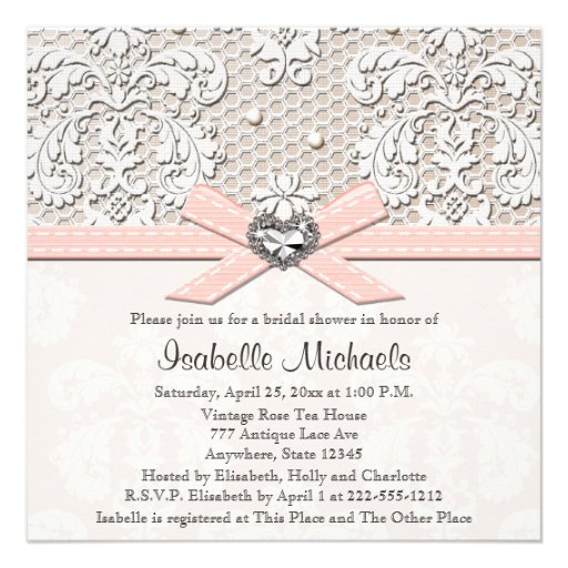 Pink Pearl Lace Diamond Bridal Shower Invitations
