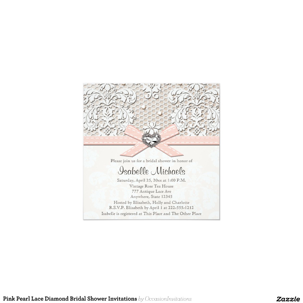 Pink Pearl Lace Diamond Bridal Shower Invitations 5.25" Square