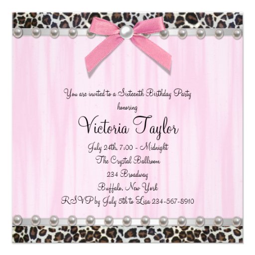 Pink Pearl Leopard Sweet 16 Party Personalized Invitations
