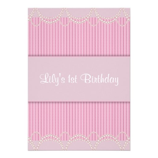 Pink Pearl Pinstripe Girls 1st Birthday Party Invitations (front side)