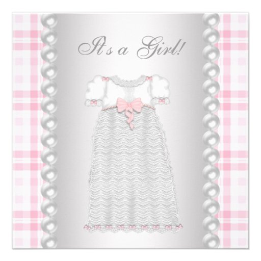 Pink Pearls Dress Pink Gingham Baby Girl Shower Invitations