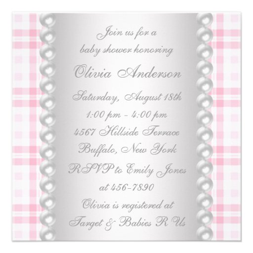 Pink Pearls Dress Pink Gingham Baby Girl Shower Invitations