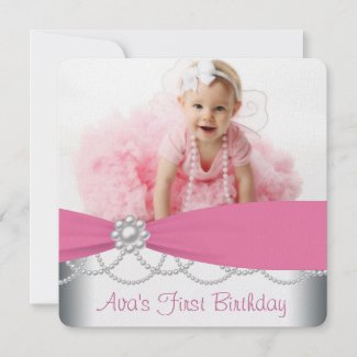 Pink Pearls Girls Photo 1st Birthday Party Announcements