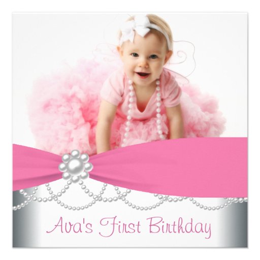 Pink Pearls Girls Photo 1st Birthday Party Announcements