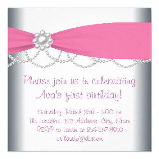 Pink Pearls Girls Photo 1st Birthday Party Announcements