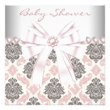 Pink Pearls Pink Brown Damask Baby Girl Shower Custom Invitations