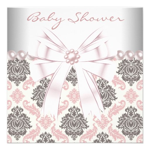 Pink Pearls Pink Brown Damask Baby Girl Shower Custom Invitations