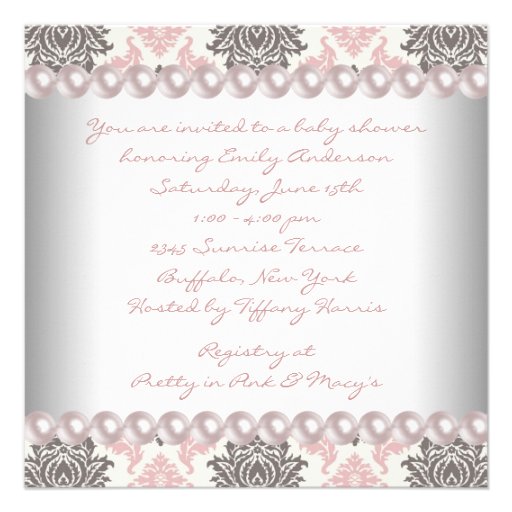 Pink Pearls Pink Brown Damask Baby Girl Shower Custom Invitations