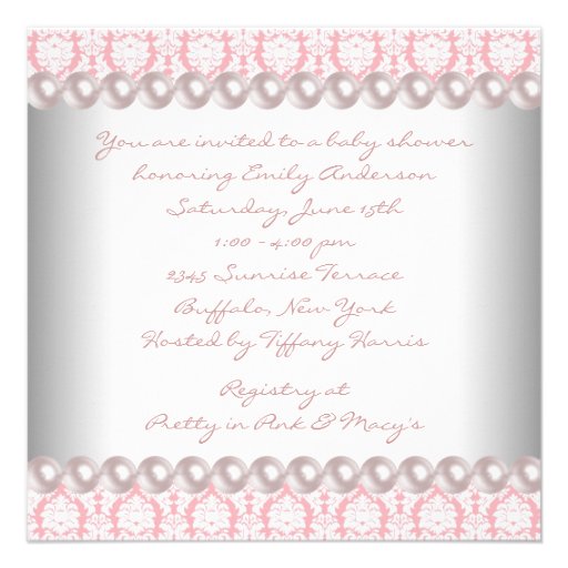Pink Pearls Pink Damask Baby Girl Shower Personalized Announcement