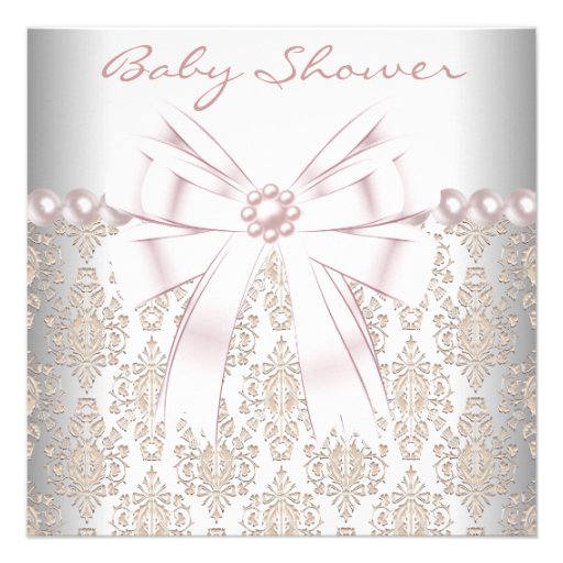 Pink Pearls Pink Damask Baby Girl Shower Personalized Announcement