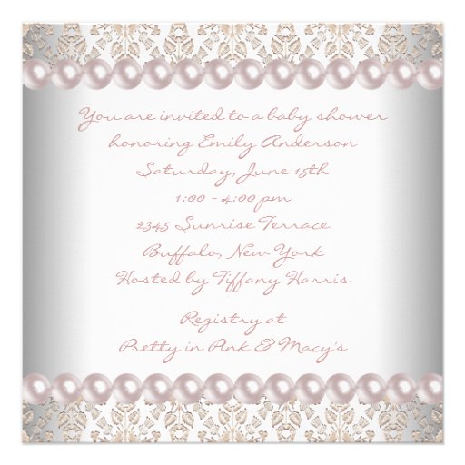 Pink Pearls Pink Damask Baby Girl Shower Personalized Announcement