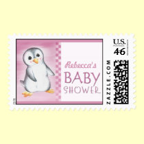 Pink Penguin baby shower postage stamps