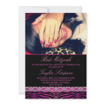 Pink Photo Zebra Print Bat Mitzvah Birthday invite