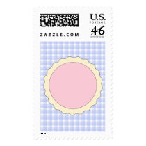 Pink Pie. Strawberry Tart. Blue check. Postage Stamps