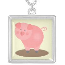 Pink Pig In Mud Puddle Necklace