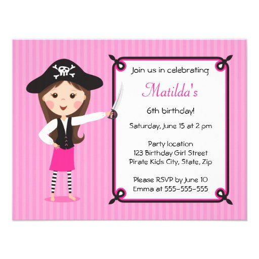 Pink pirate cute girly birthday invitation