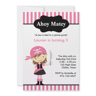 Pink Pirate Girl Birthday Invitations