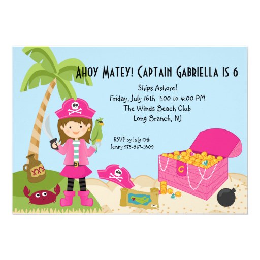 Pink Pirate Girl on an Island Birthday Invitation