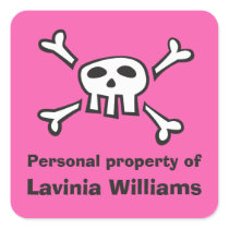Pink pirate scull personal property label square sticker