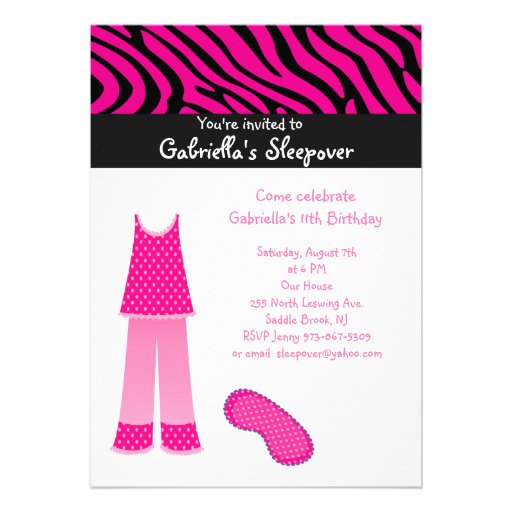 Pink PJ's  /Zebra Sleepover Birthday Invitation (front side)