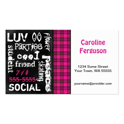 Pink Plaid, Grunge Chalkboard Business Card