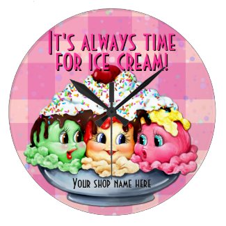 Pink plaid ice cute ice cream sundae round clocks