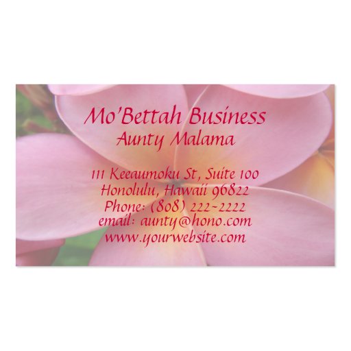 Pink Plumeria Tropical Flower Custom BusinessCards Business Card Templates (back side)