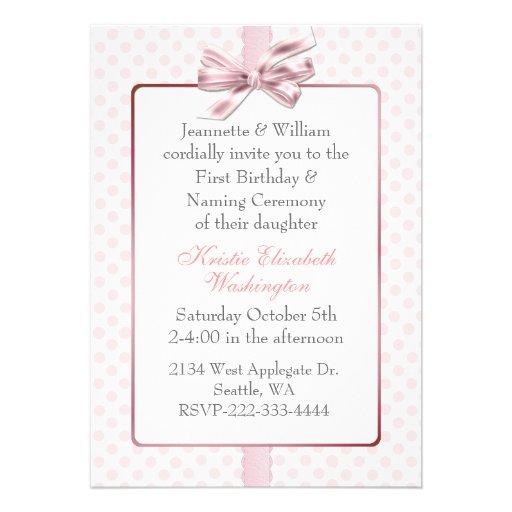Pink Polka Dot Baby's Birthday and Naming Ceremony Personalized Invite (front side)