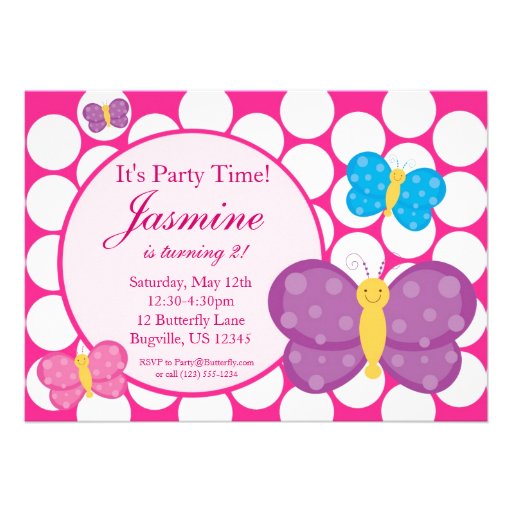 Pink Polka Dot Butterfly Birthday Party Invitation