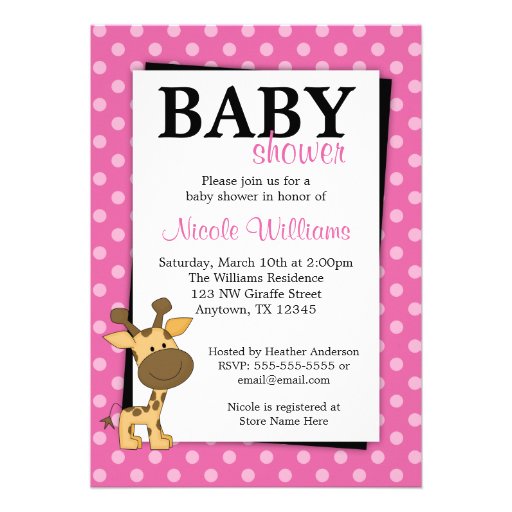 Pink Polka Dot Giraffe Baby Shower Invitations