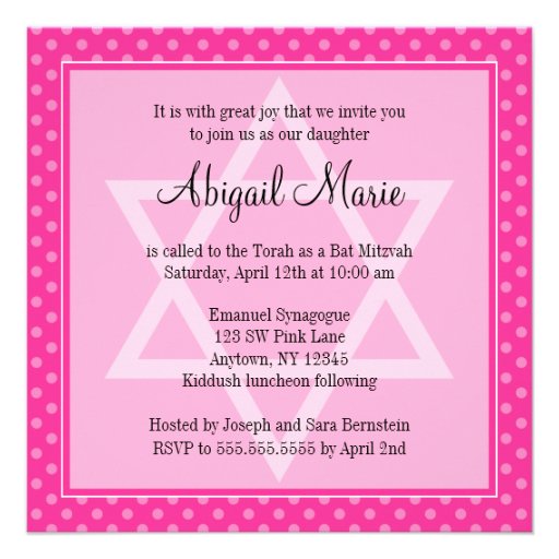 Pink Polka Dot Star of David Bat Mitzvah Square Personalized Invitations