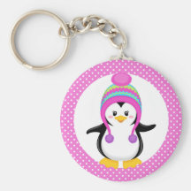 Pink Polka Dot Winter Penguin Girl Key Chains
