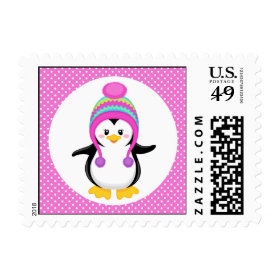 Pink Polka Dot Winter Penguin Girl Stamp