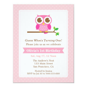 Pink Polka Dots Cute Owl Birthday Party Announcements
