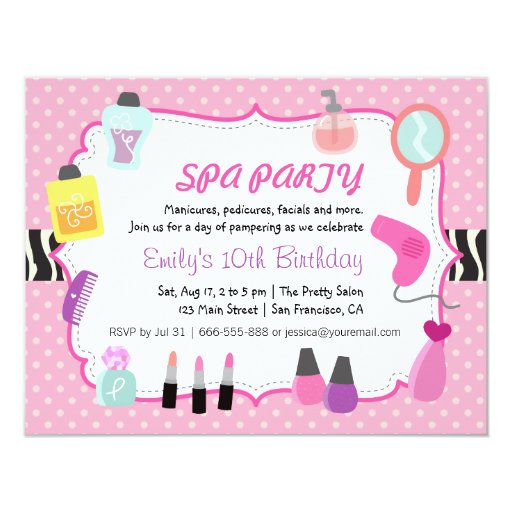 Pink Polka Dots Spa Birthday Party Invitation Custom Invite