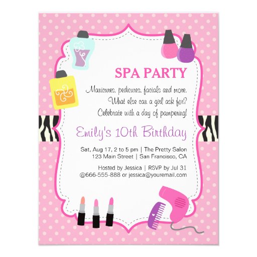 Pink Polka Dots, Spa Birthday Party Invitation Announcement