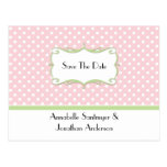 Pink Polka Dots with Pale Green Save The Date Post Card
