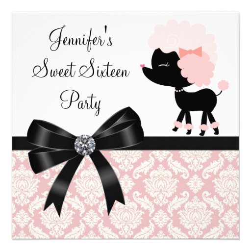 Pink Poodle Damask Sweet 16 Birthday Party Announcement
