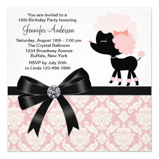 Pink Poodle Damask Sweet 16 Birthday Party Announcement