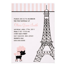 Pink Poodle in Paris Birthday Personalized Invitations