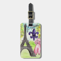 Pink Poodle in Paris Eiffel Tower Tag For Bags