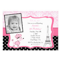 Pink Poodle in Paris Photo Birthday Invitation