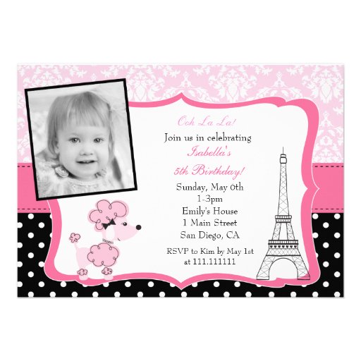 Pink Poodle in Paris Photo Birthday Invitation