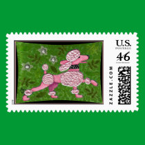 PINK POODLE PARADE - playful poodle postage stamp stamps