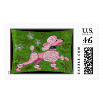 PINK POODLE PARADE - playful poodle postage stamp
